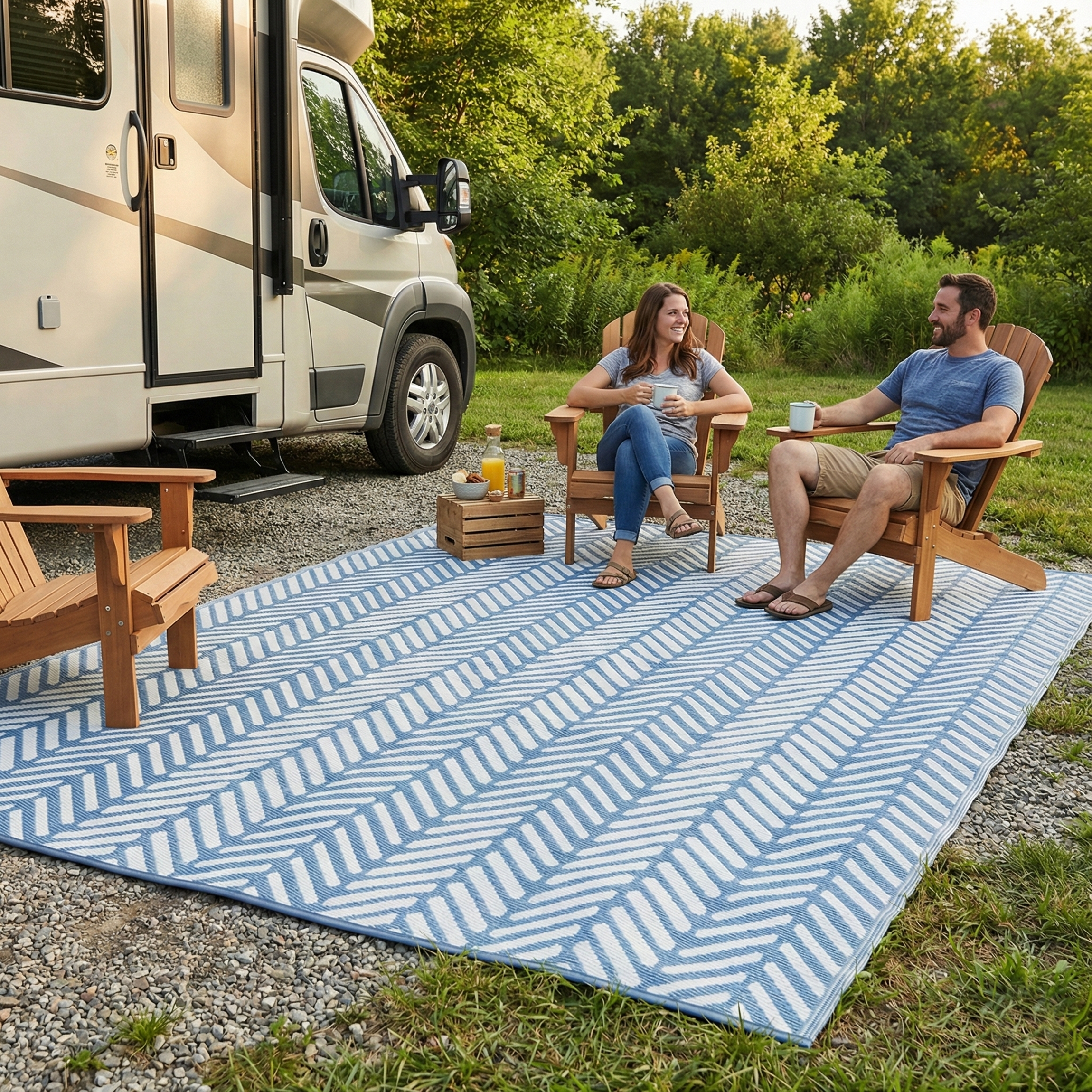 Lifestyle view of couple in camp chairs on light blue chevron foldable outdoor rug by camper